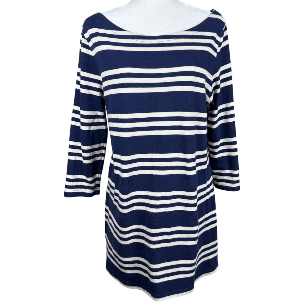 Old Navy Maternity Striped Knit Shift Dress Large Blue White Nautical 3/4 Sleeve